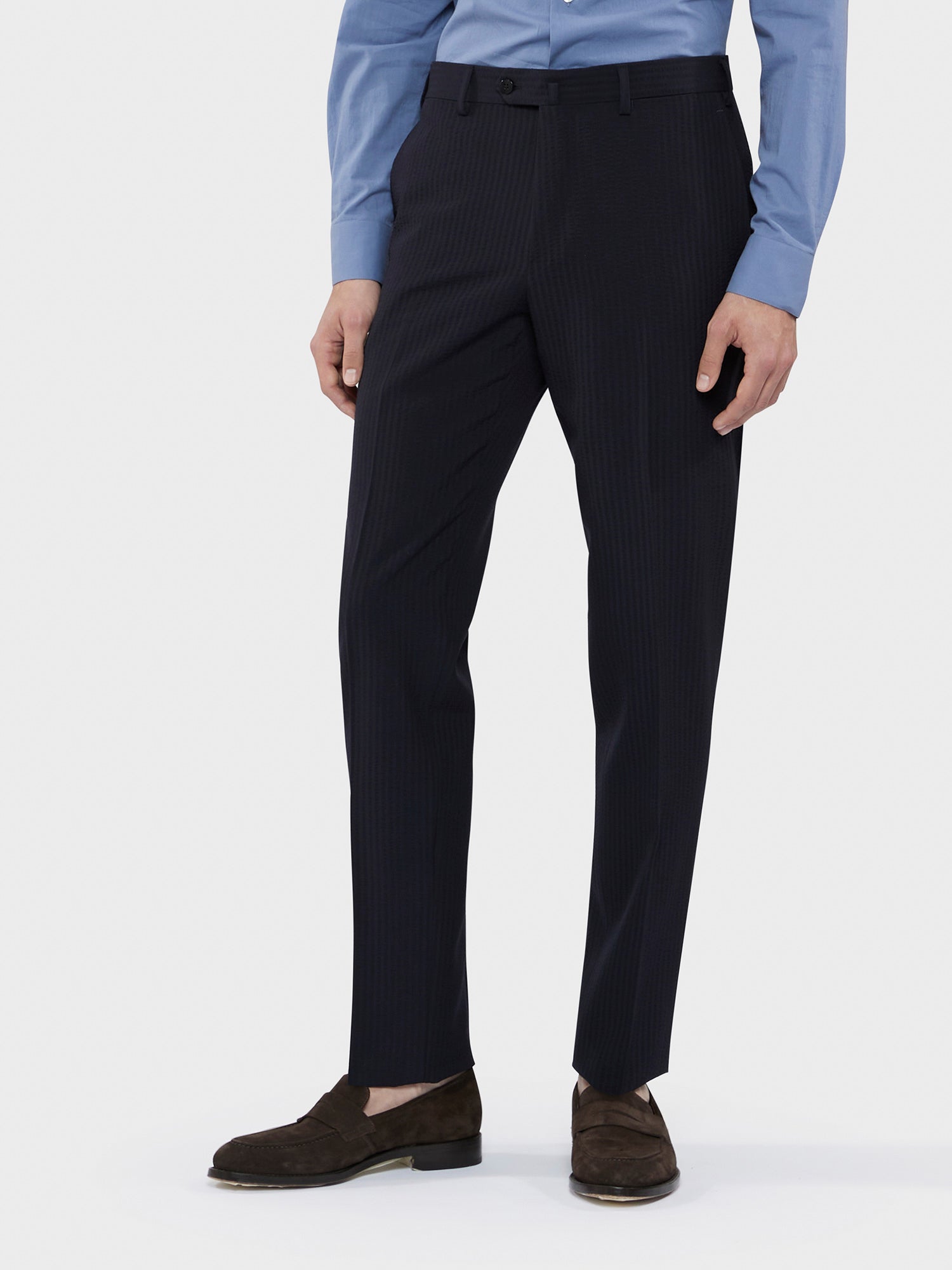 Caruso Menswear Abbigliamento Uomo Abito Aida in Seersucker di lana blu drop 8R dettaglio pantalone