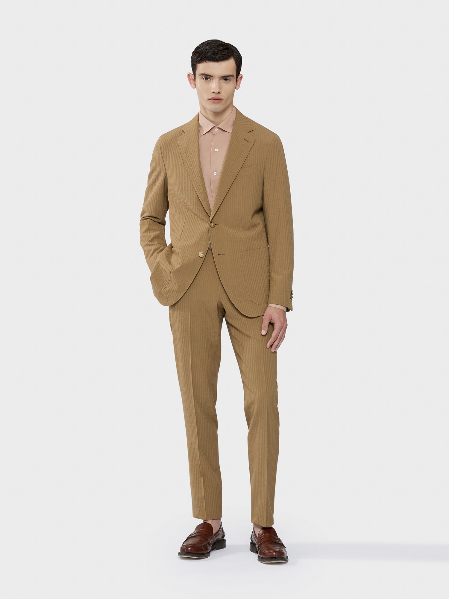 Caruso Menswear Abbigliamento Uomo Abito Aida in Seersucker di lana marrone drop 8R total look