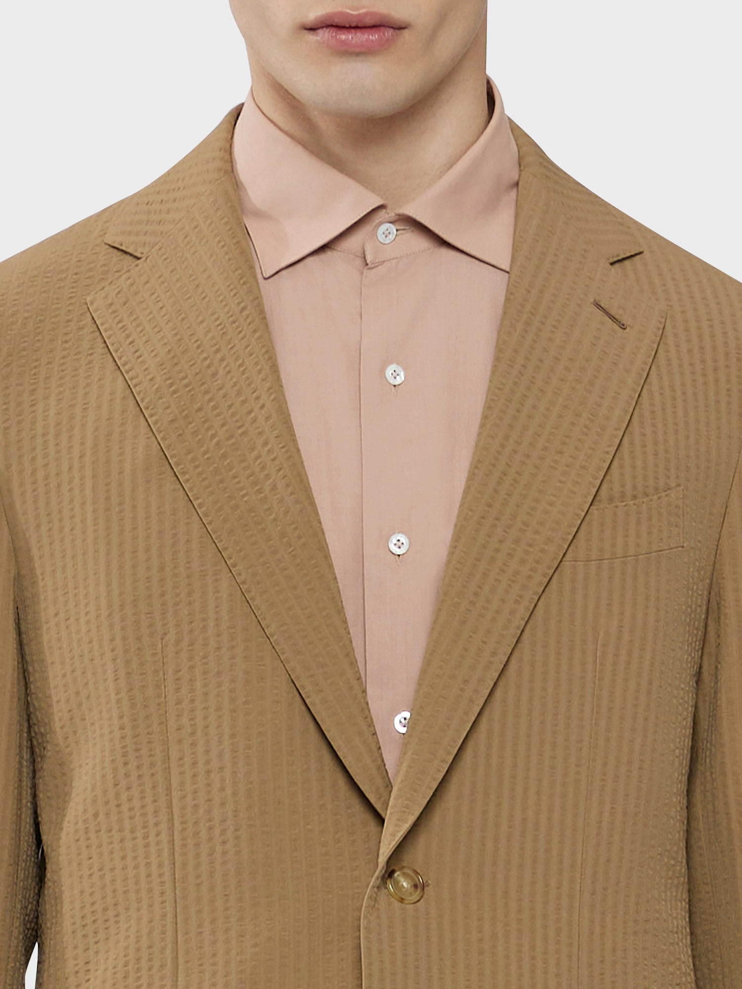 Caruso Menswear Abbigliamento Uomo Abito Aida in Seersucker di lana marrone drop 8R dettaglio giacca
