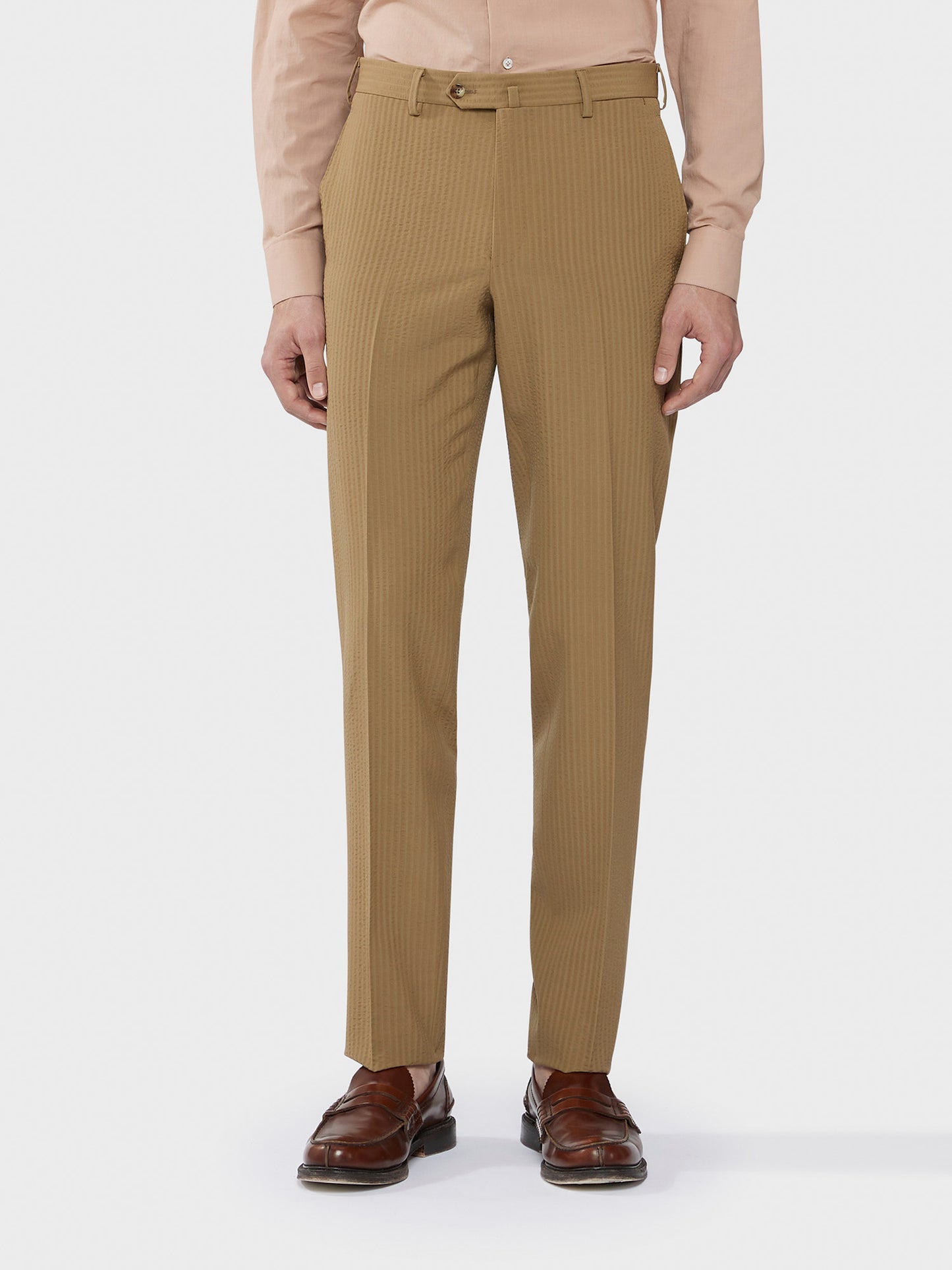 Caruso Menswear Abbigliamento Uomo Abito Aida in Seersucker di lana marrone drop 8R dettaglio pantalone