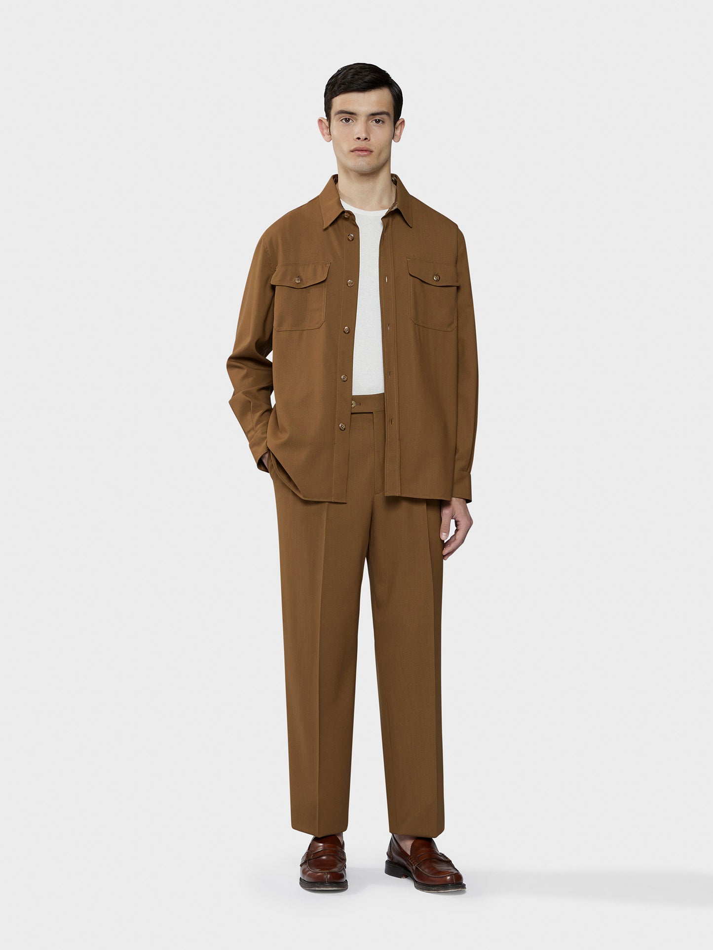 Caruso Menswear Abbigliamento Uomo Pantaloni Pantalone a vita alta in tropical di lana marrone houdini look 2