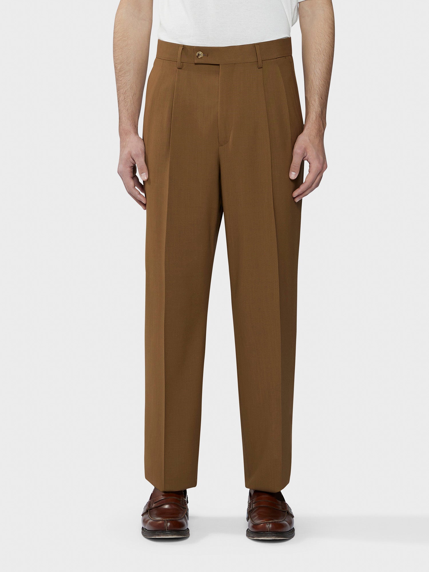 Caruso Menswear Abbigliamento Uomo Pantaloni Pantalone a vita alta in tropical di lana marrone houdini look 3