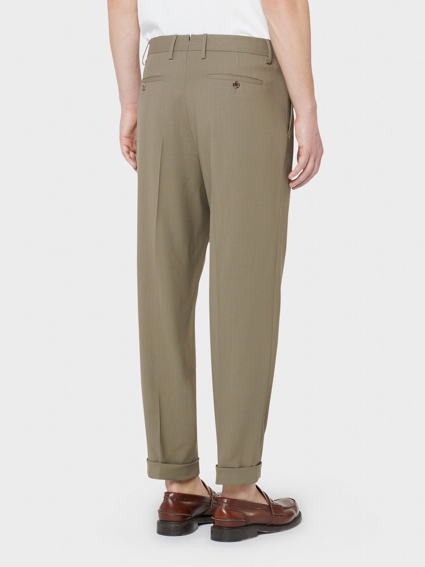 Caruso Menswear Abbigliamento Uomo Pantaloni eleganti in tropical di lana khaki Houdini indossato back