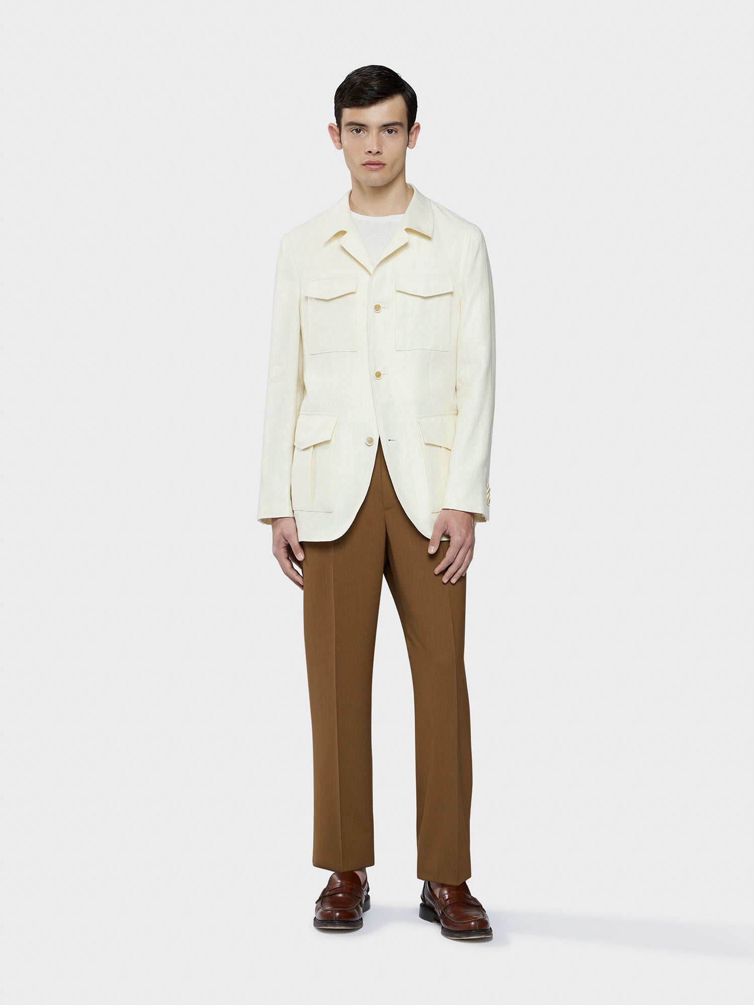 Caruso Menswear Abbigliamento Uomo Giacca Sahariana sfoderata estiva con quattro tasche a toppa in lino lana bianco drop 8R total look