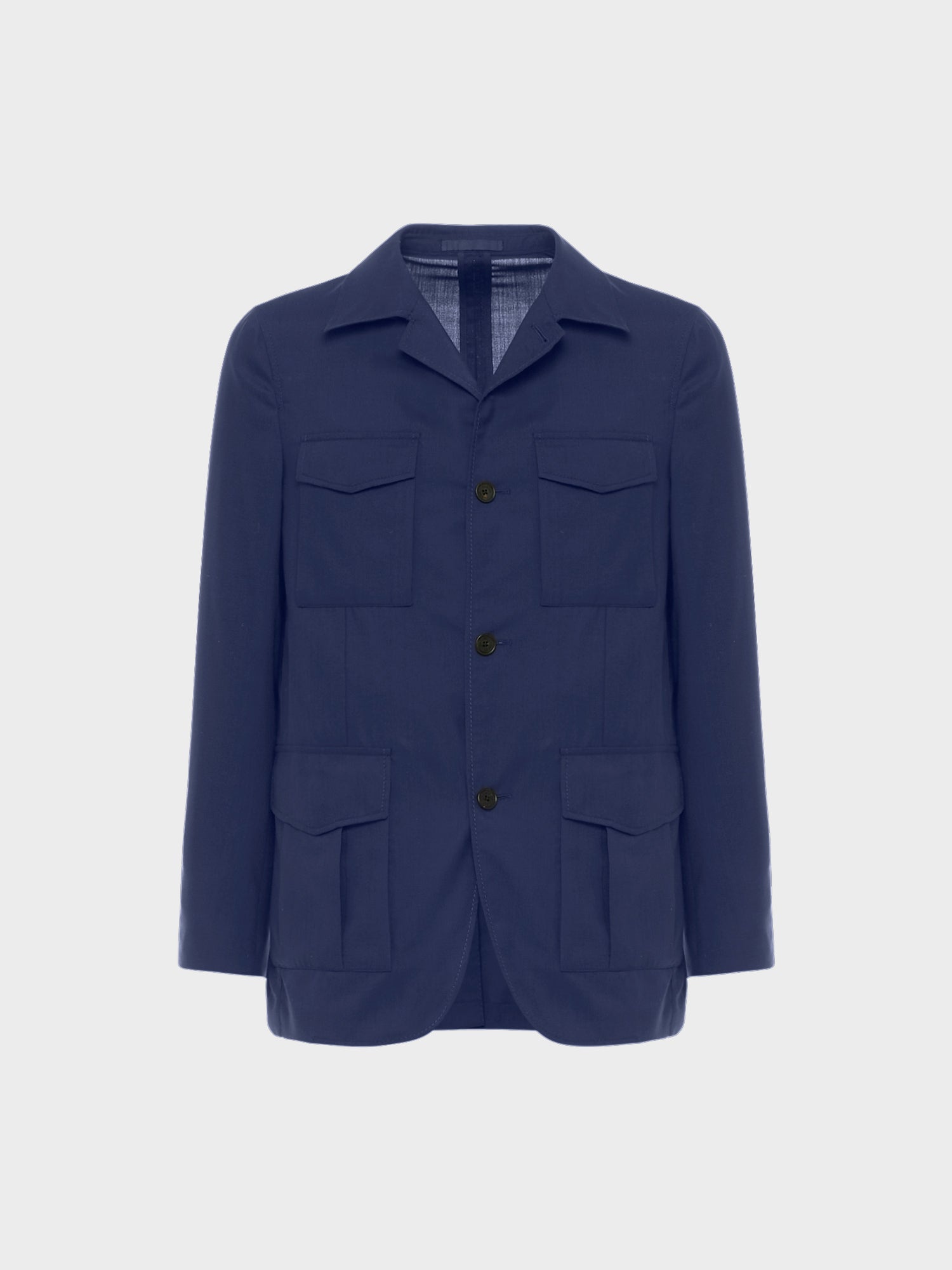 Caruso Menswear Abbigliamento Uomo Giacca Sahariana sfoderata estiva con quattro tasche a toppa di lana seta blu Nuage drop 8R still