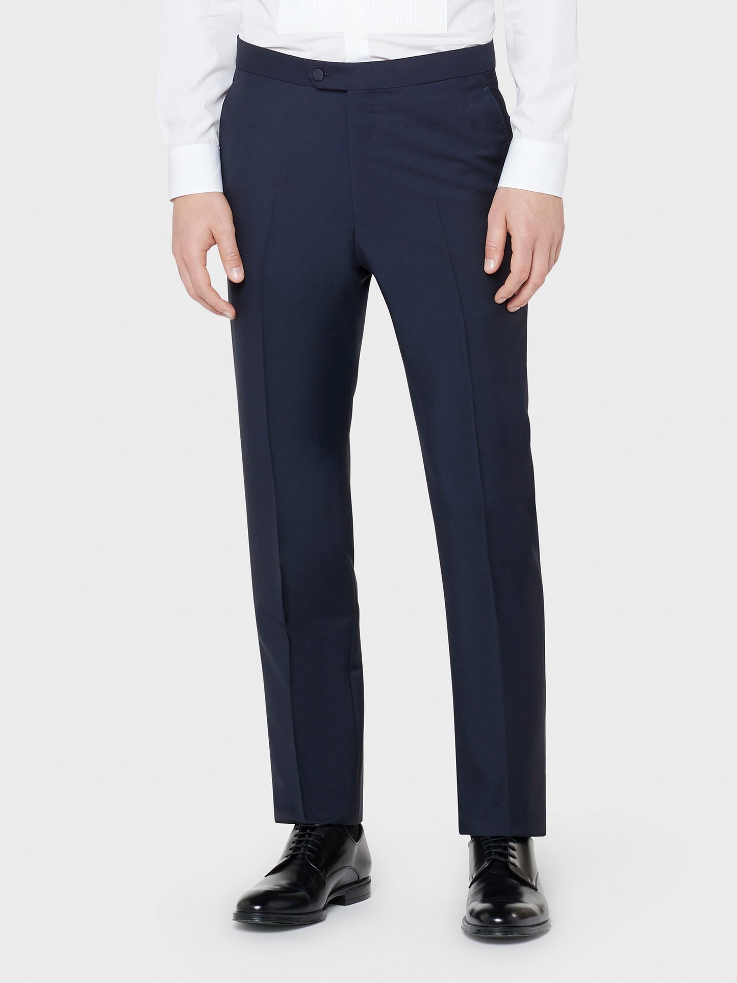 Caruso Menswear Abbigliamento Uomo Abito Smoking Norma in tela di lana e mohair in blu drop 7R dettaglio pantaloni