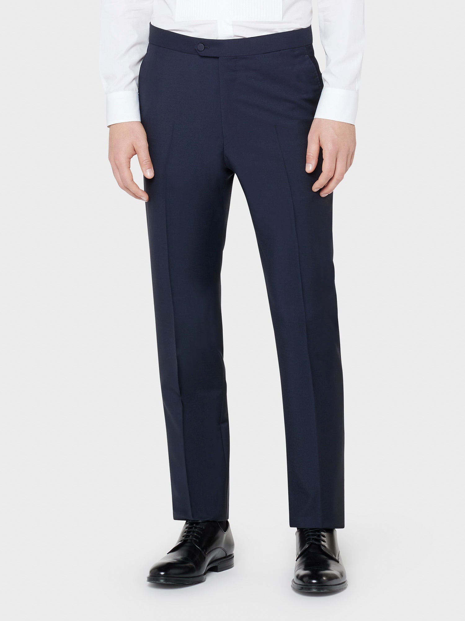 Caruso Menswear Abbigliamento Uomo Abito Smoking Norma in tela di lana e mohair in blu drop 7R dettaglio pantaloni